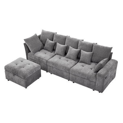 96.45"Sectional sofa Modular Sofa Couch with Three USB Ports, a Removable Storage Ottoman and Five Back Pillows for Living Room, Grey