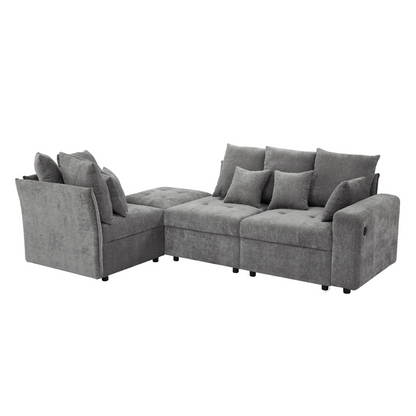 96.45"Sectional sofa Modular Sofa Couch with Three USB Ports, a Removable Storage Ottoman and Five Back Pillows for Living Room, Grey