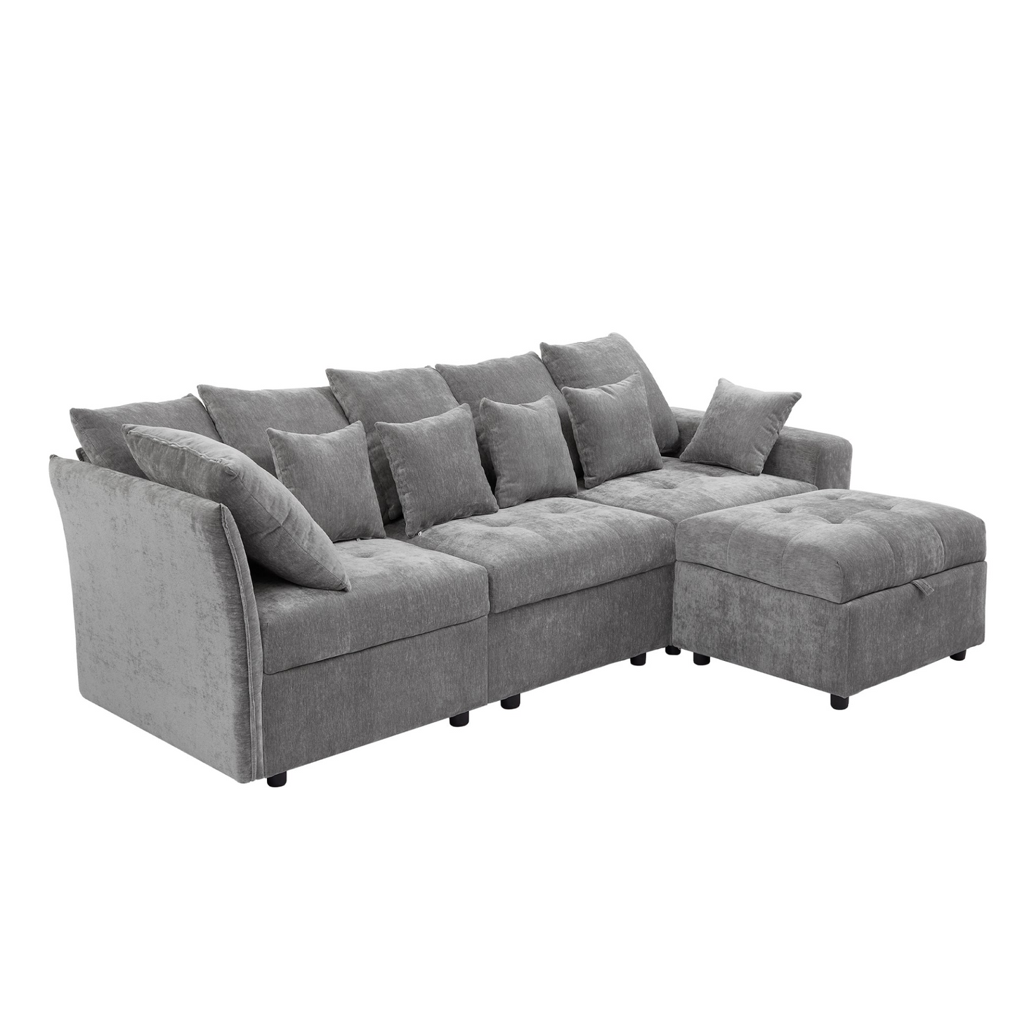 96.45"Sectional sofa Modular Sofa Couch with Three USB Ports, a Removable Storage Ottoman and Five Back Pillows for Living Room, Grey