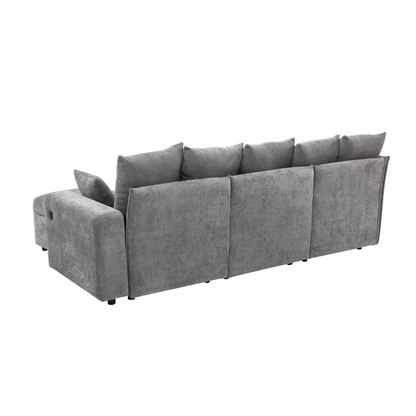 96.45"Sectional sofa Modular Sofa Couch with Three USB Ports, a Removable Storage Ottoman and Five Back Pillows for Living Room, Grey