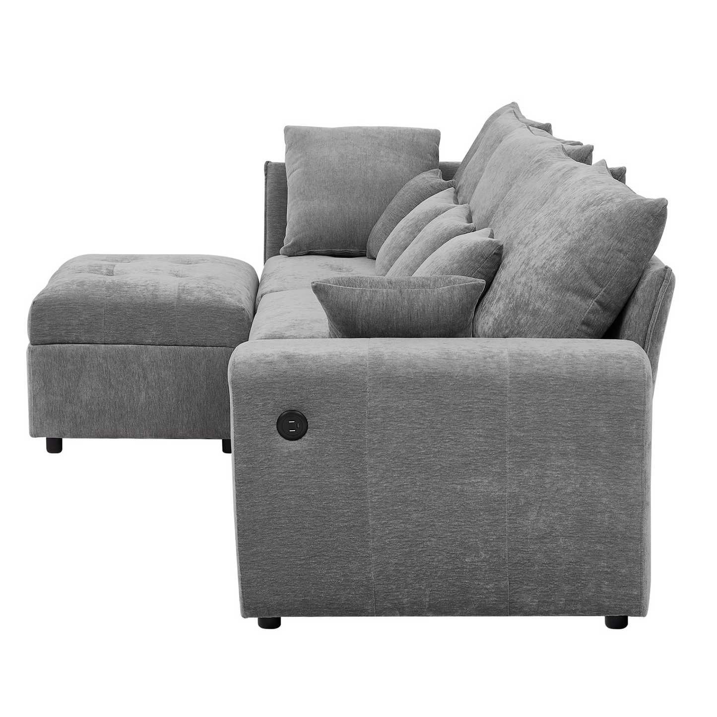 96.45"Sectional sofa Modular Sofa Couch with Three USB Ports, a Removable Storage Ottoman and Five Back Pillows for Living Room, Grey