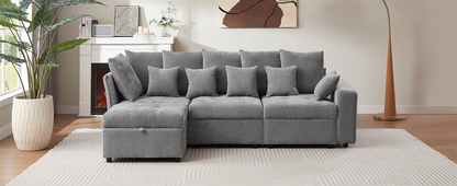 96.45"Sectional sofa Modular Sofa Couch with Three USB Ports, a Removable Storage Ottoman and Five Back Pillows for Living Room, Grey