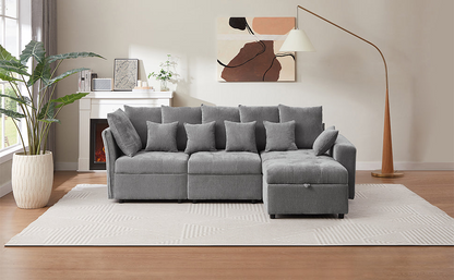 96.45"Sectional sofa Modular Sofa Couch with Three USB Ports, a Removable Storage Ottoman and Five Back Pillows for Living Room, Grey