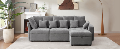 96.45"Sectional sofa Modular Sofa Couch with Three USB Ports, a Removable Storage Ottoman and Five Back Pillows for Living Room, Grey