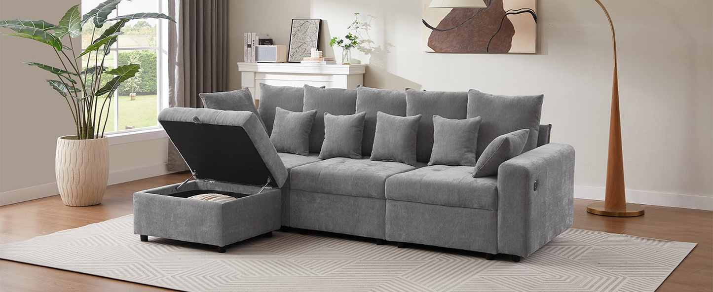 96.45"Sectional sofa Modular Sofa Couch with Three USB Ports, a Removable Storage Ottoman and Five Back Pillows for Living Room, Grey