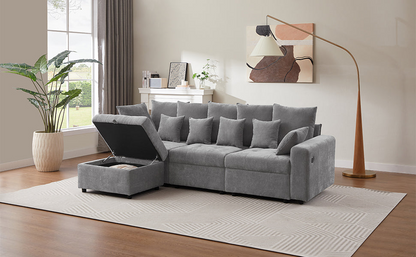 96.45"Sectional sofa Modular Sofa Couch with Three USB Ports, a Removable Storage Ottoman and Five Back Pillows for Living Room, Grey