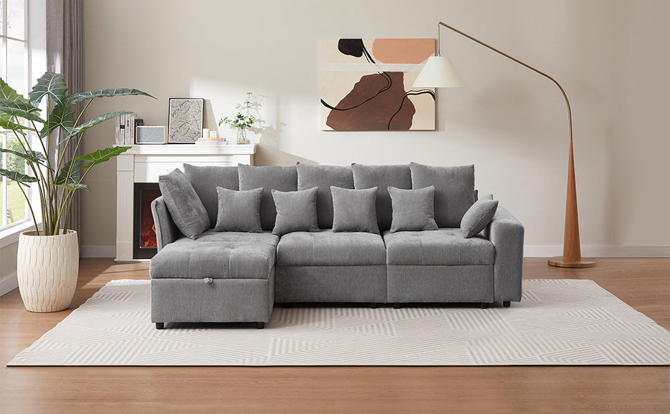 96.45"Sectional sofa Modular Sofa Couch with Three USB Ports, a Removable Storage Ottoman and Five Back Pillows for Living Room, Grey
