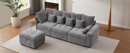 96.45"Sectional sofa Modular Sofa Couch with Three USB Ports, a Removable Storage Ottoman and Five Back Pillows for Living Room, Grey