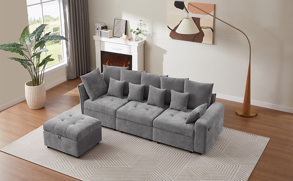 96.45"Sectional sofa Modular Sofa Couch with Three USB Ports, a Removable Storage Ottoman and Five Back Pillows for Living Room, Grey