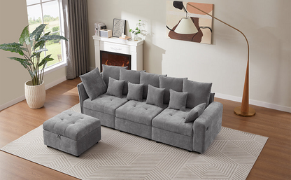 96.45"Sectional sofa Modular Sofa Couch with Three USB Ports, a Removable Storage Ottoman and Five Back Pillows for Living Room, Grey