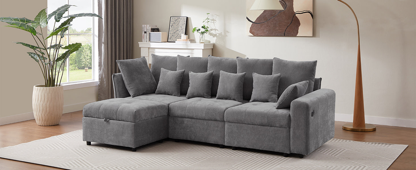96.45"Sectional sofa Modular Sofa Couch with Three USB Ports, a Removable Storage Ottoman and Five Back Pillows for Living Room, Grey