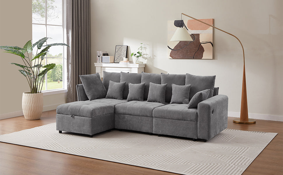 96.45"Sectional sofa Modular Sofa Couch with Three USB Ports, a Removable Storage Ottoman and Five Back Pillows for Living Room, Grey