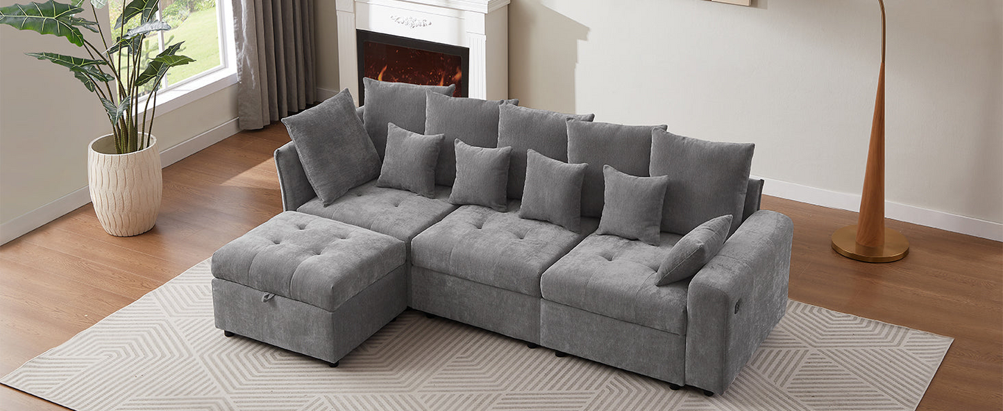 96.45"Sectional sofa Modular Sofa Couch with Three USB Ports, a Removable Storage Ottoman and Five Back Pillows for Living Room, Grey