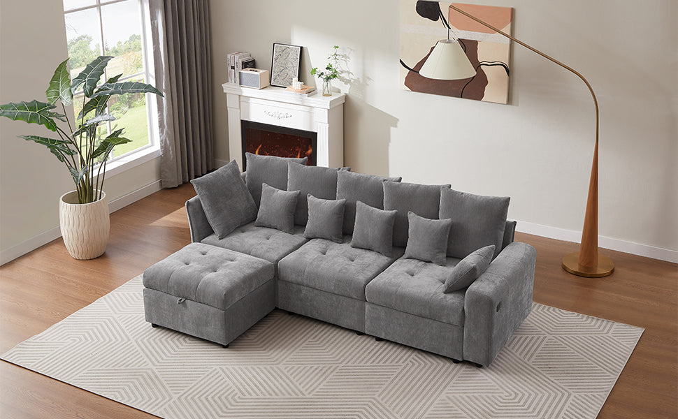 96.45"Sectional sofa Modular Sofa Couch with Three USB Ports, a Removable Storage Ottoman and Five Back Pillows for Living Room, Grey