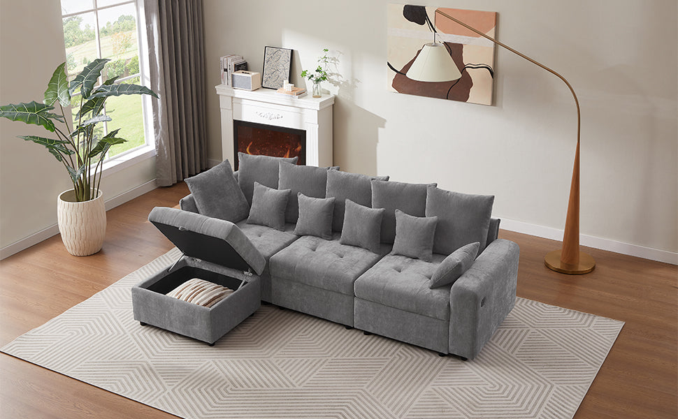 96.45"Sectional sofa Modular Sofa Couch with Three USB Ports, a Removable Storage Ottoman and Five Back Pillows for Living Room, Grey