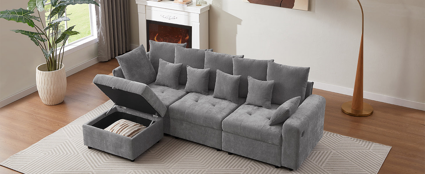 96.45"Sectional sofa Modular Sofa Couch with Three USB Ports, a Removable Storage Ottoman and Five Back Pillows for Living Room, Grey