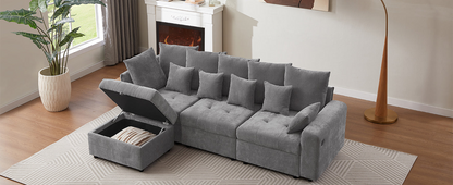 96.45"Sectional sofa Modular Sofa Couch with Three USB Ports, a Removable Storage Ottoman and Five Back Pillows for Living Room, Grey