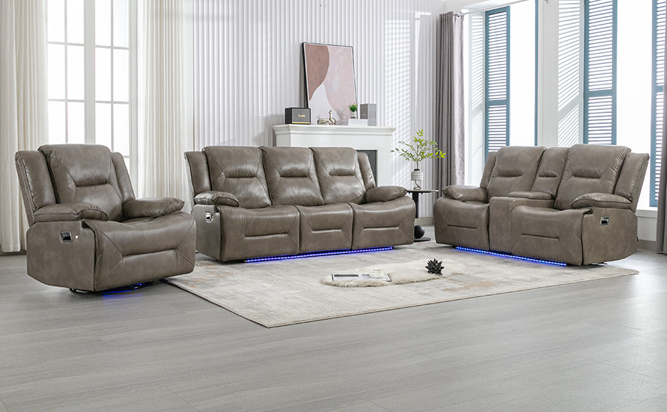 Home Theater Recliner Set Manual Recliner Chair with a LED Light Strip Two Built-in Cup Holders for Living Room,Bedroom, Grey