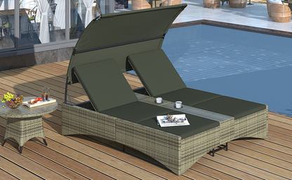 Patio Daybed Outdoor Daybed Outdoor Rattan Sun Lounger with Shelter Roof with Adjustable Backrest, Storage Box and 2 Cup Holders for Patio, Balcony, Poolside,Grey