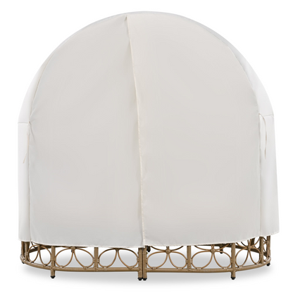 59.8" Daybed Outdoor Sunbed With Colorful Pillows, Wicker Patio Daybed With Curtain, Floral Pattern, Natural Wicker, Beige Cushion