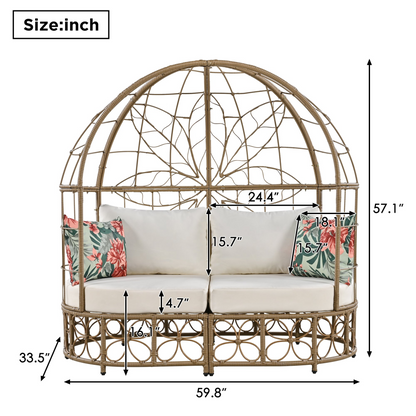 59.8" Daybed Outdoor Sunbed With Colorful Pillows, Wicker Patio Daybed With Curtain, Floral Pattern, Natural Wicker, Beige Cushion