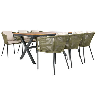 7 Pieces Patio Dining Set, All-Weather Outdoor Furniture Set with Dining Table and Chairs, Acacia Wood Tabletop, Metal Frame, for for Garden, Backyard, Balcony, Green