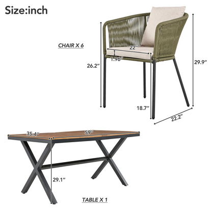 7 Pieces Patio Dining Set, All-Weather Outdoor Furniture Set with Dining Table and Chairs, Acacia Wood Tabletop, Metal Frame, for for Garden, Backyard, Balcony, Green