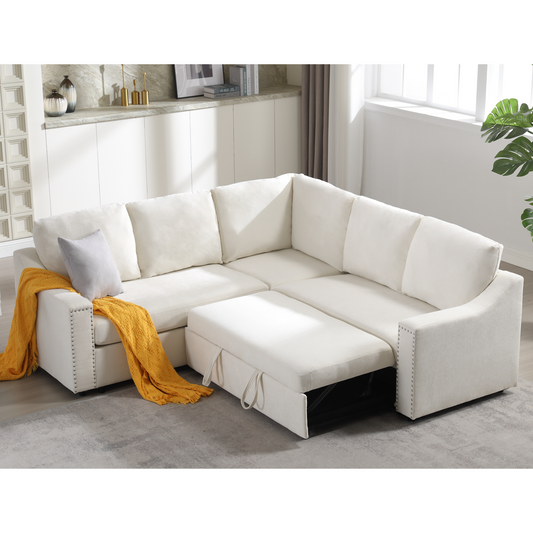 L-shaped sofa with pull-out sofa bed, Corner Sofa,comfortable living room furniture set, sleeper sofa bed,Corner seat for two with broaching sofa,Rivet DeChenille,Beige