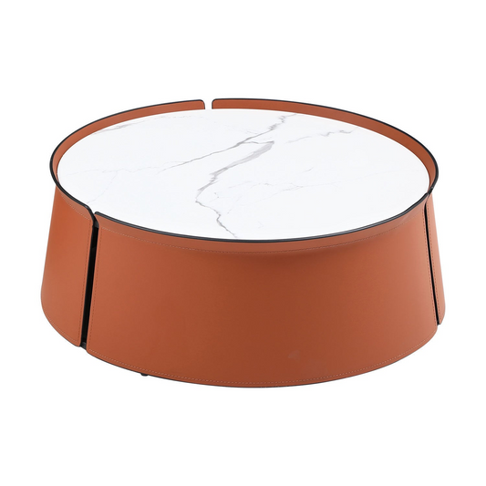 31.5inch Coffee Table, Marble Top+Orange Saddle Leather Body+Iron Frame