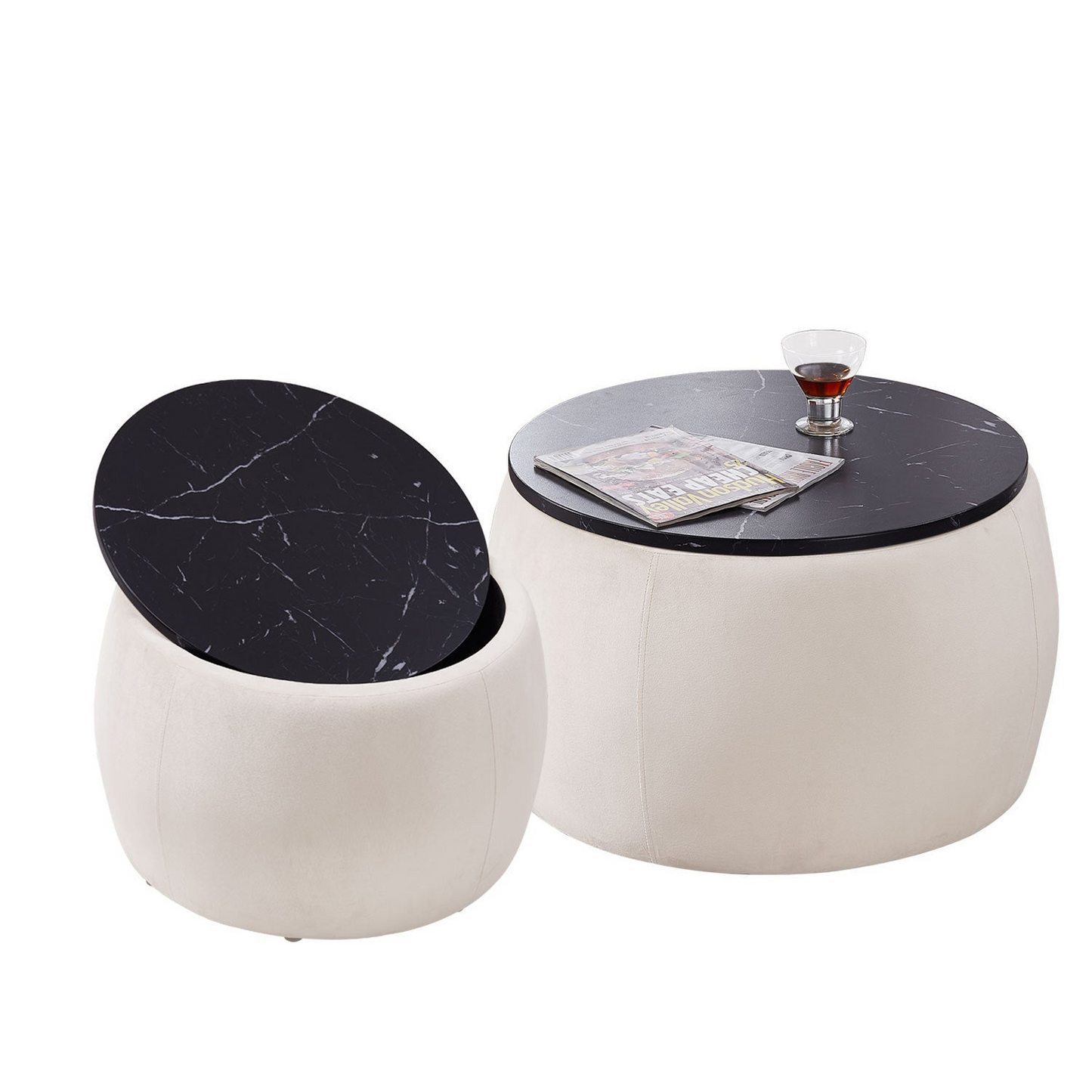 Set of 2 Nesting Round Storage Ottoman, Coffee Table Footstool with MDF Cover for Living Room, Bedroom, Top φ650*450,φ480*390,Beige