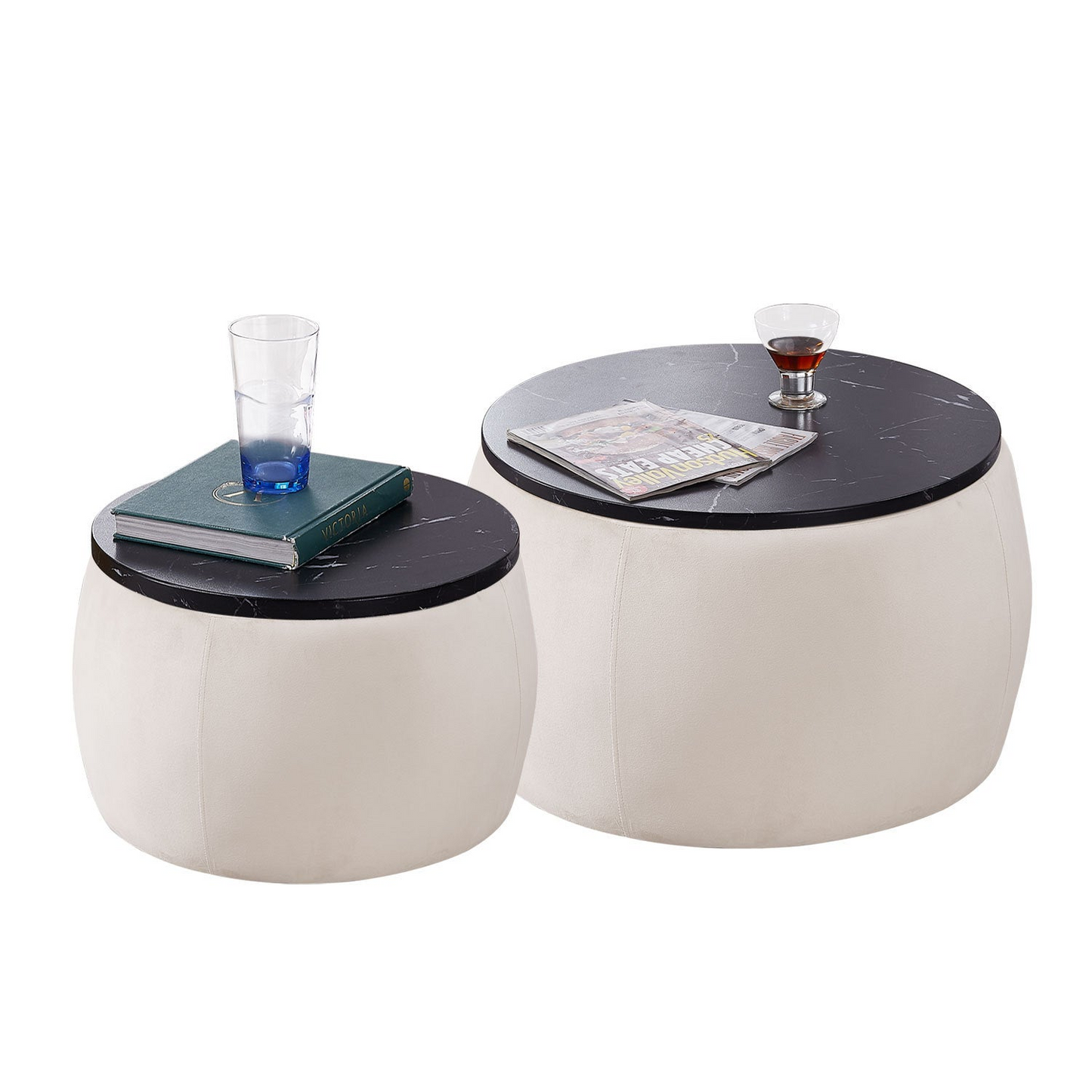 Set of 2 Nesting Round Storage Ottoman, Coffee Table Footstool with MDF Cover for Living Room, Bedroom, Top φ650*450,φ480*390,Beige