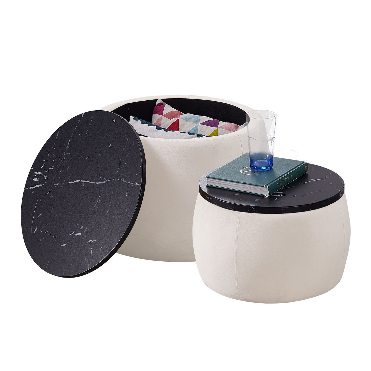 Set of 2 Nesting Round Storage Ottoman, Coffee Table Footstool with MDF Cover for Living Room, Bedroom, Top φ650*450,φ480*390,Beige