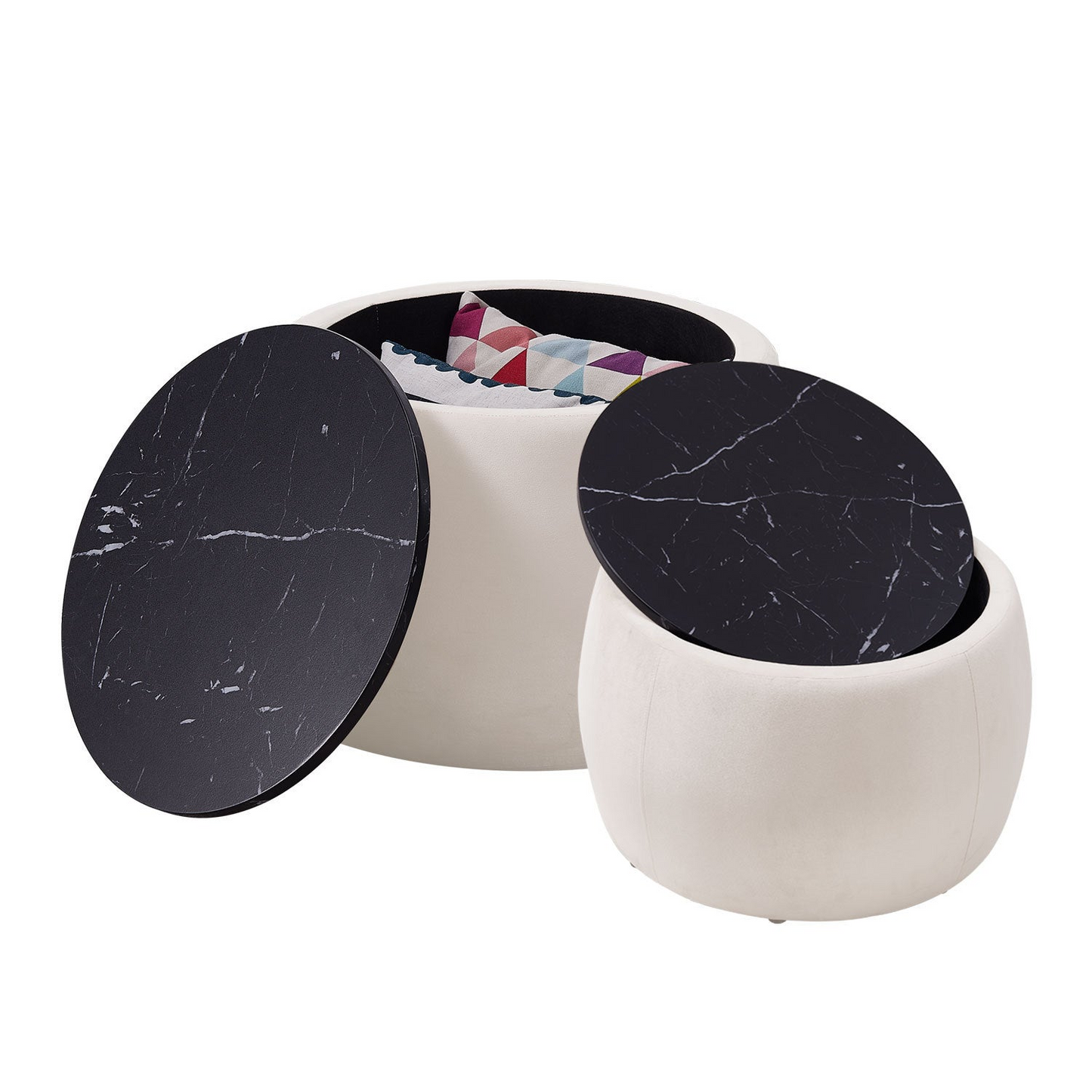 Set of 2 Nesting Round Storage Ottoman, Coffee Table Footstool with MDF Cover for Living Room, Bedroom, Top φ650*450,φ480*390,Beige
