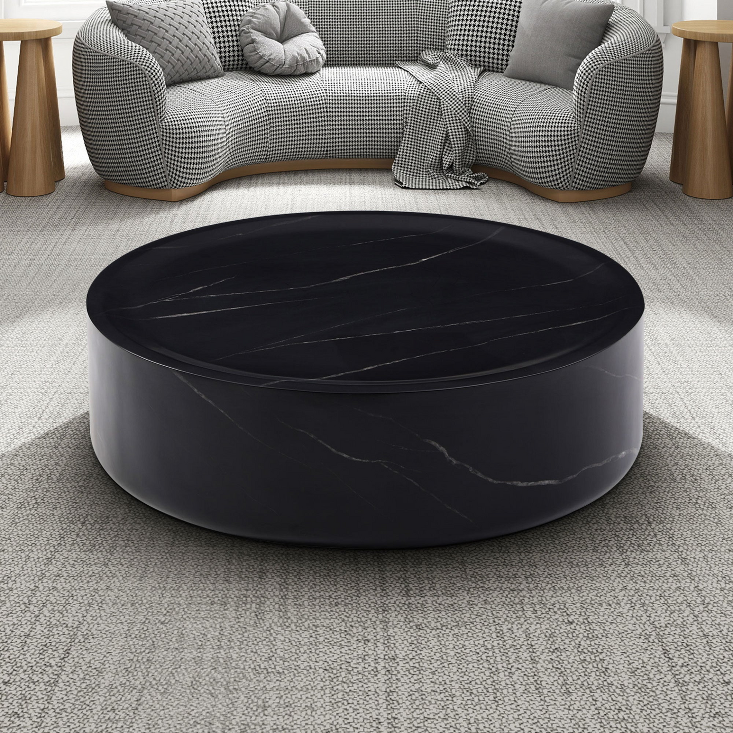 31.49'' Round coffee table,Sturdy Fiberglass table for Living Room, No Need Assembly,BLACK