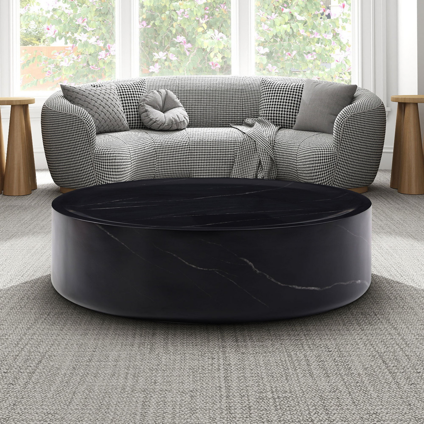 31.49'' Round coffee table,Sturdy Fiberglass table for Living Room, No Need Assembly,BLACK