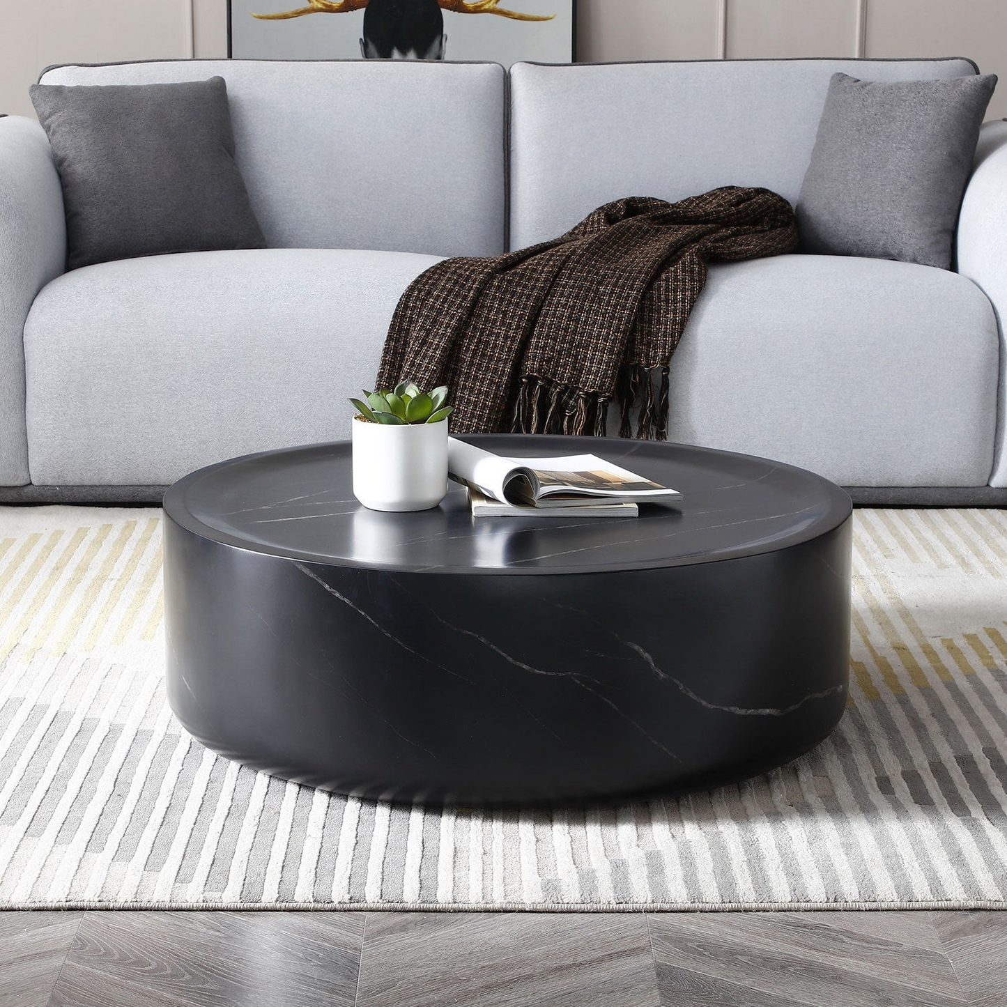 31.49'' Round coffee table,Sturdy Fiberglass table for Living Room, No Need Assembly,BLACK