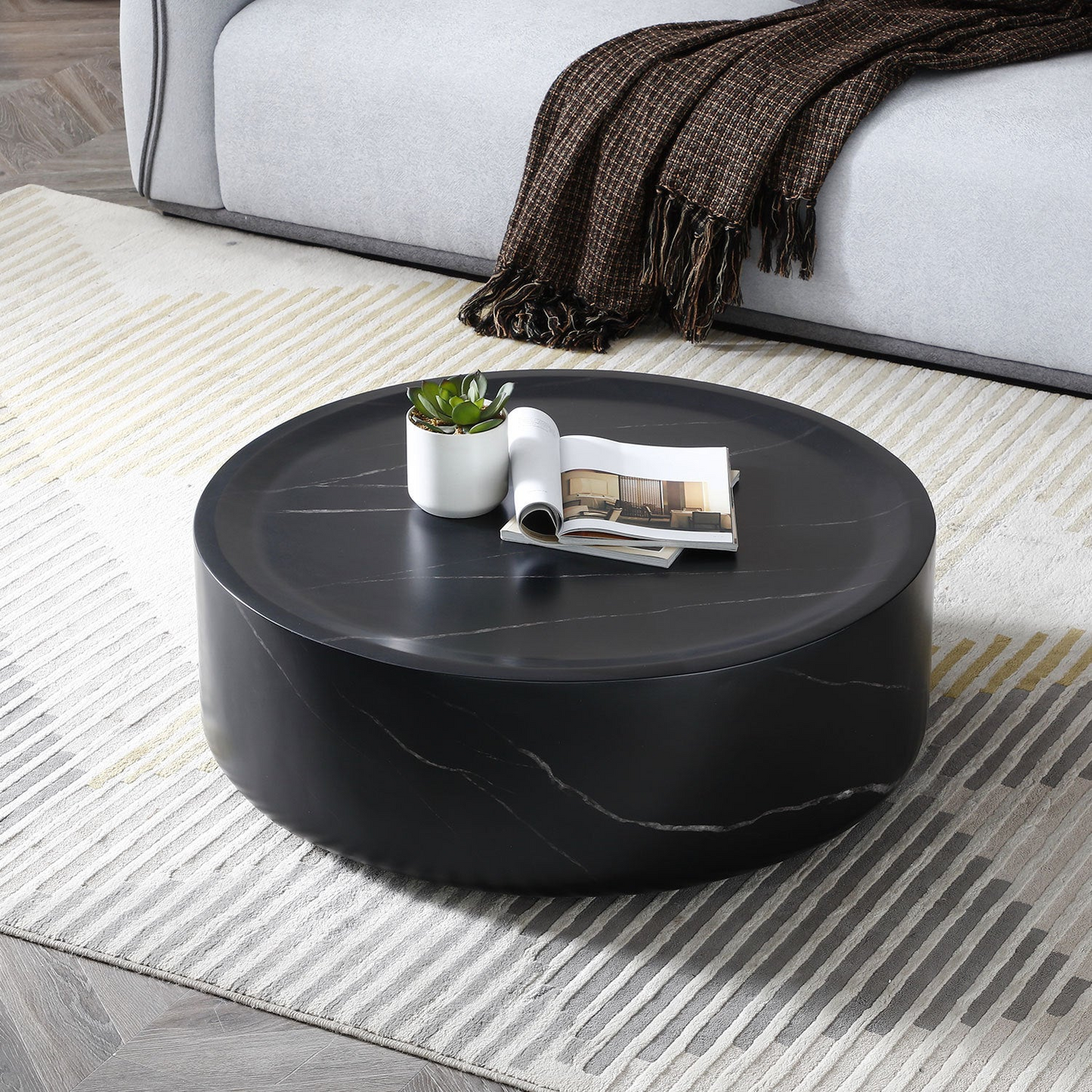 31.49'' Round coffee table,Sturdy Fiberglass table for Living Room, No Need Assembly,BLACK