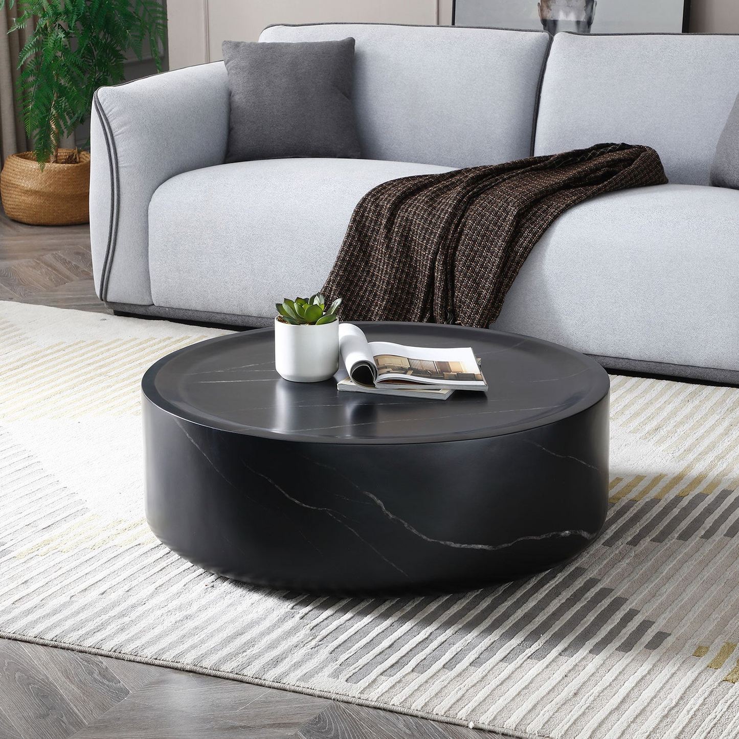 31.49'' Round coffee table,Sturdy Fiberglass table for Living Room, No Need Assembly,BLACK