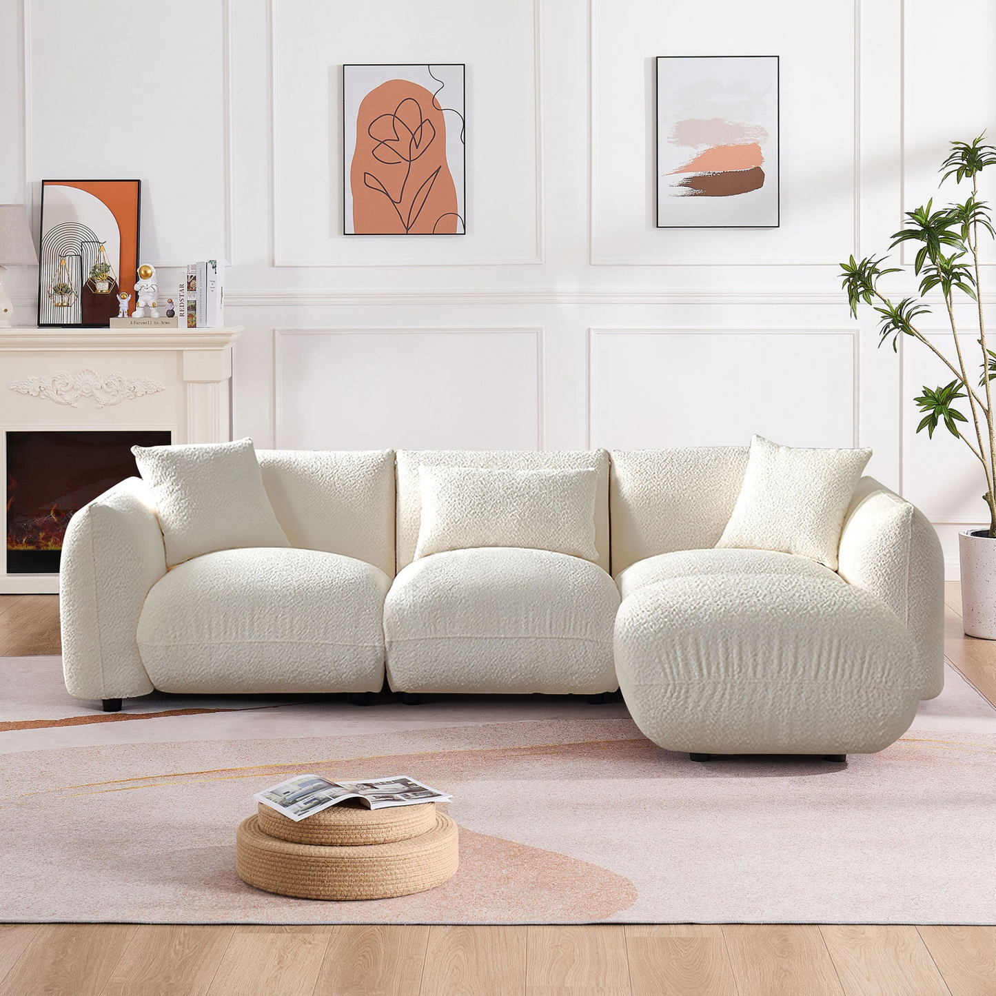 Mid Century Modern Couch 3-Seater Sofa with Ottoman Upholstered Footrest Stool Ottoman Foot Stool for Living Room, Bedroom, Beige