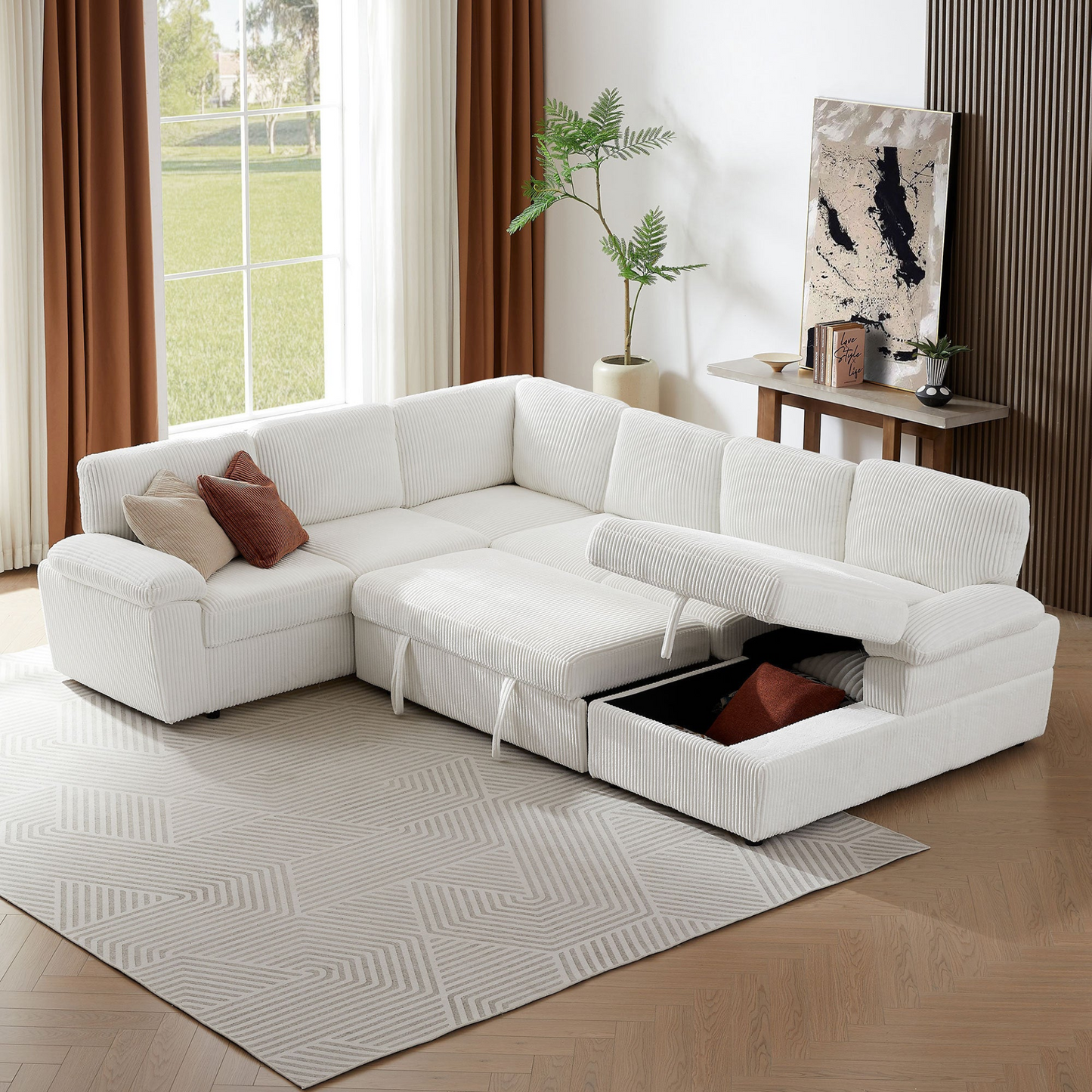Oversized Modular Storage Sectional Sofa Couch for Home Apartment Office Living Room,Free Combination L/U Shaped Corduroy Upholstered Deep Seat Furniture Convertible Sleeper Sofabed RIGHT