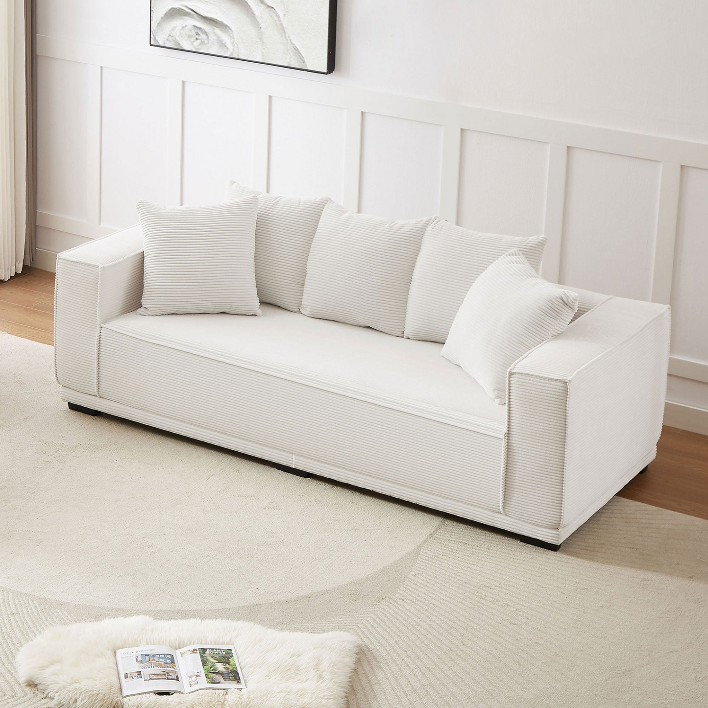 88.97'' Mid Century Modern Upholstered Sofa  with 5 Matching Toss Pillows, Including bottom frame,Comfy Couches  for Living Room, Bedroom, Apartment and Office.WHITE