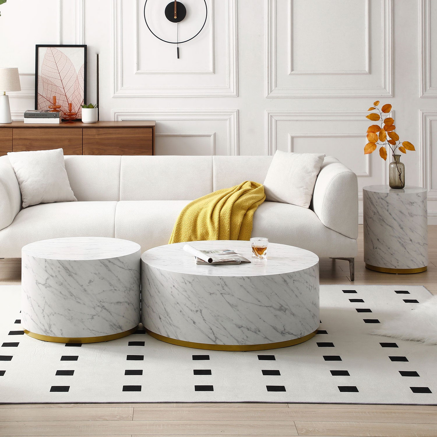 White Marble Pattern Cocktail Table MDF with Gold Metal Base 23.62inch
