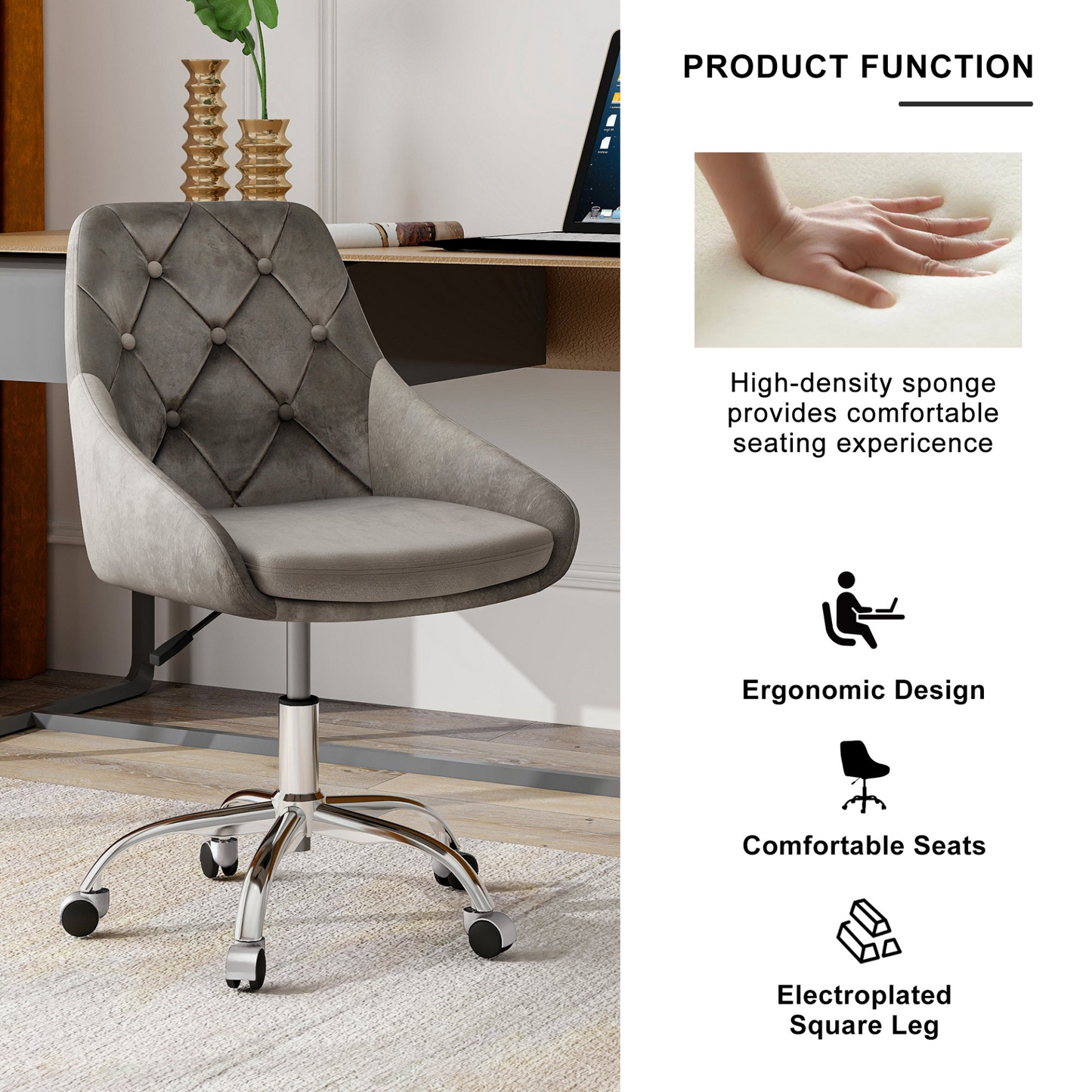 Modern velvet fabric with chrome legs living room furniture dining chair, soft and comfortable, lift adjustment, free movement convenient, space saving. (set of 1)