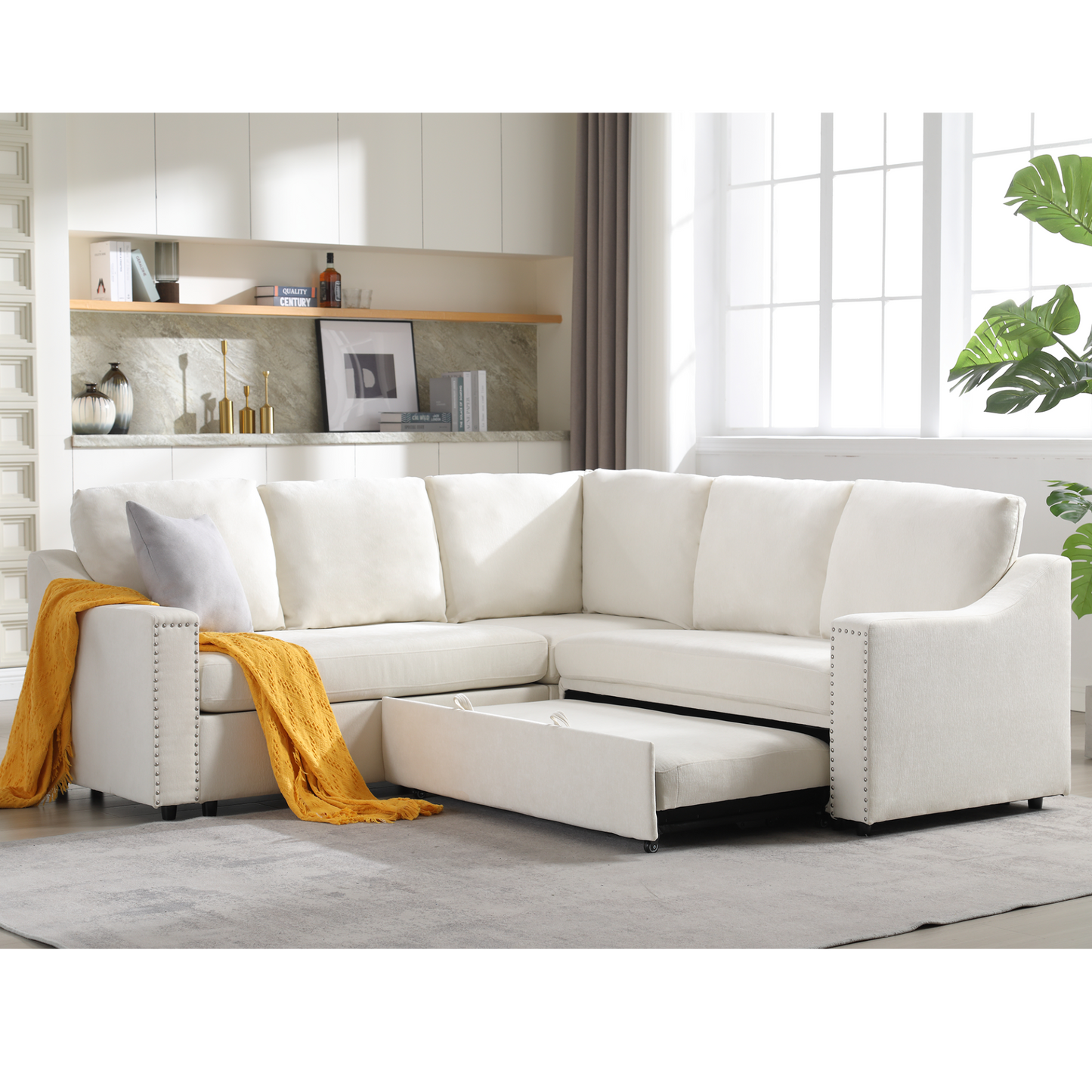 L-shaped sofa with pull-out sofa bed, Corner Sofa,comfortable living room furniture set, sleeper sofa bed,Corner seat for two with broaching sofa,Rivet DeChenille,Beige