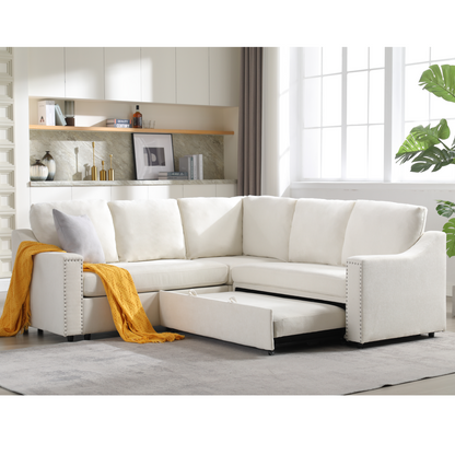L-shaped sofa with pull-out sofa bed, Corner Sofa,comfortable living room furniture set, sleeper sofa bed,Corner seat for two with broaching sofa,Rivet DeChenille,Beige