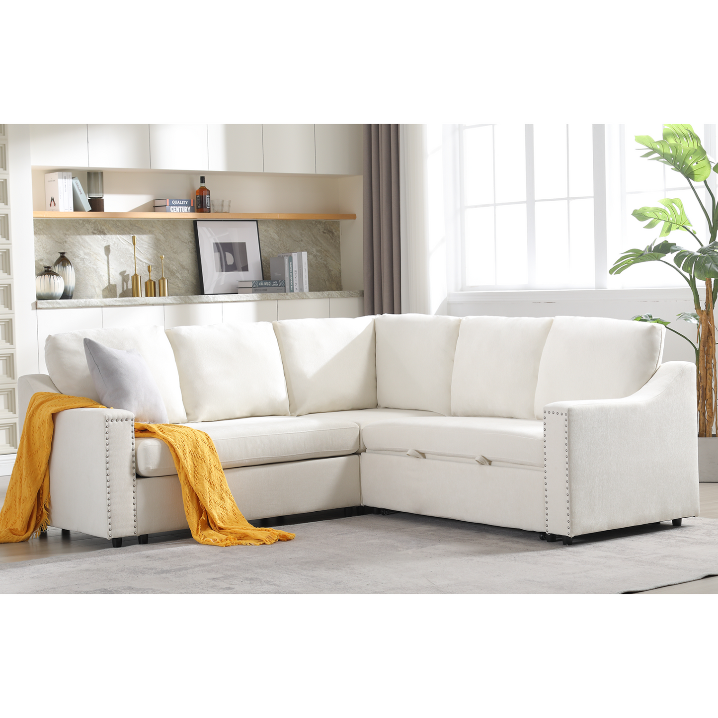 L-shaped sofa with pull-out sofa bed, Corner Sofa,comfortable living room furniture set, sleeper sofa bed,Corner seat for two with broaching sofa,Rivet DeChenille,Beige