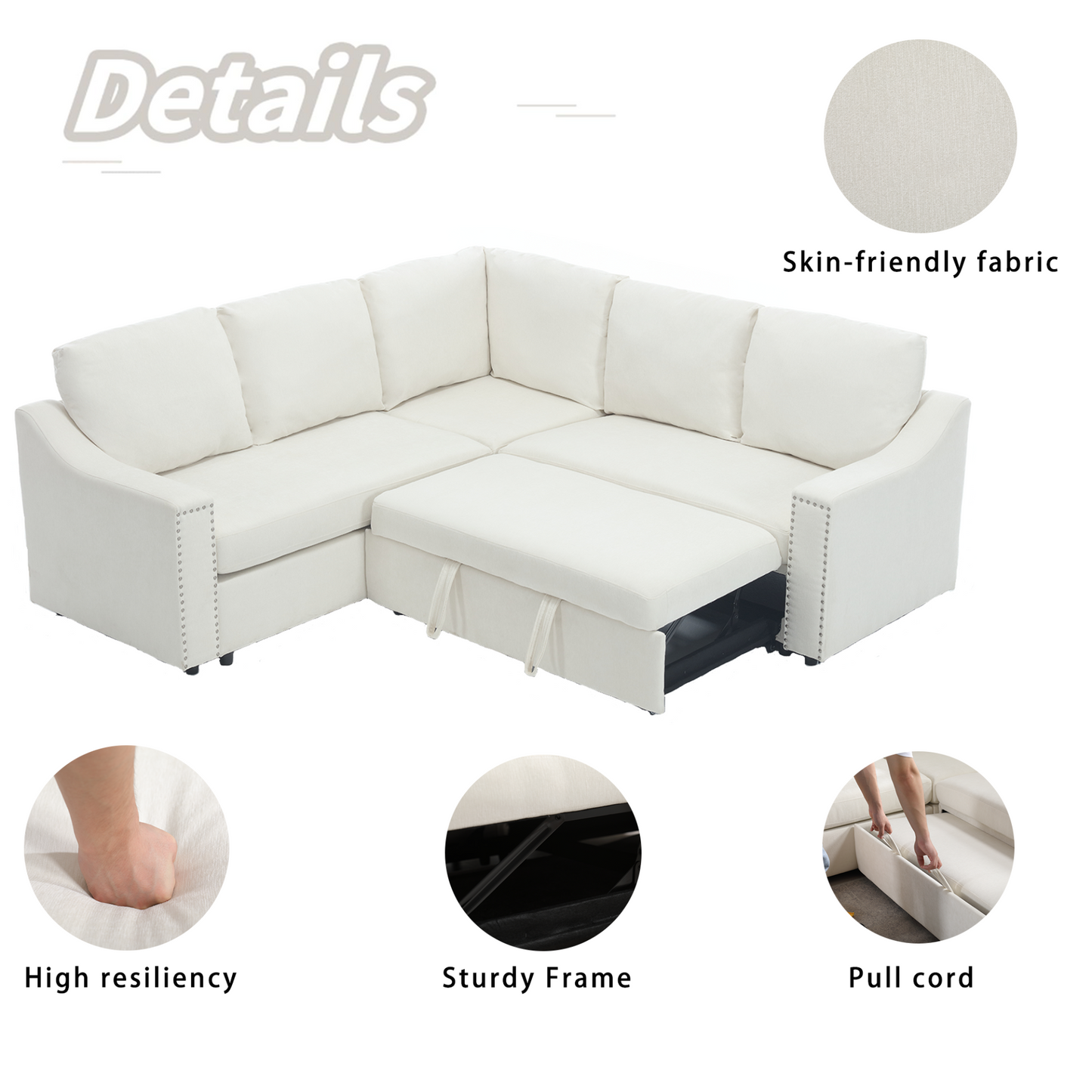 L-shaped sofa with pull-out sofa bed, Corner Sofa,comfortable living room furniture set, sleeper sofa bed,Corner seat for two with broaching sofa,Rivet DeChenille,Beige