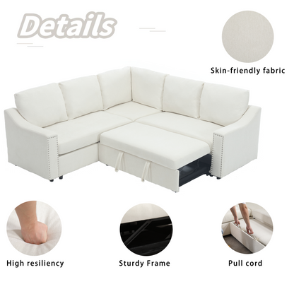 L-shaped sofa with pull-out sofa bed, Corner Sofa,comfortable living room furniture set, sleeper sofa bed,Corner seat for two with broaching sofa,Rivet DeChenille,Beige