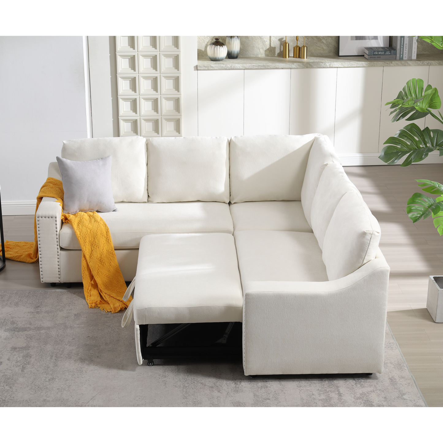 L-shaped sofa with pull-out sofa bed, Corner Sofa,comfortable living room furniture set, sleeper sofa bed,Corner seat for two with broaching sofa,Rivet DeChenille,Beige