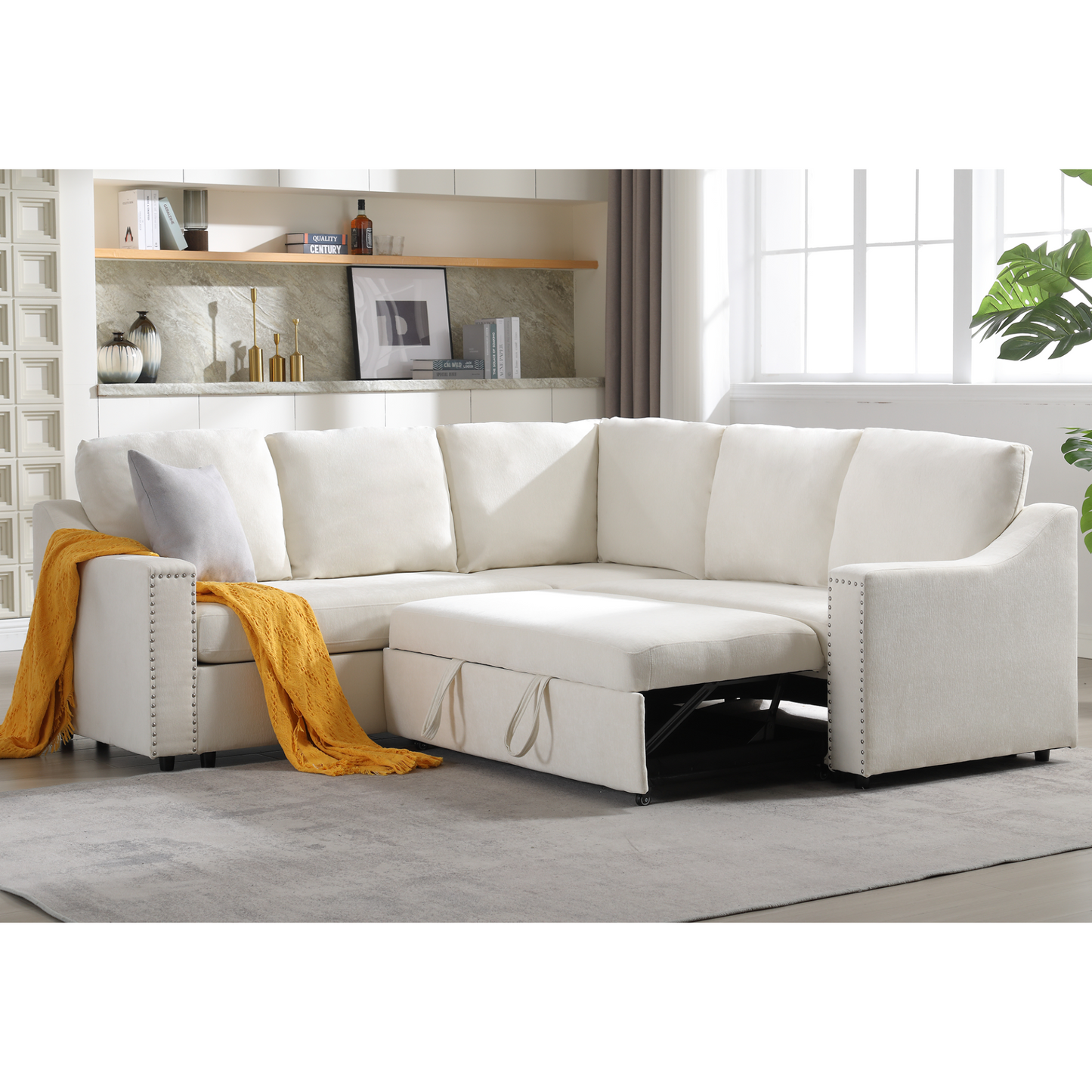 L-shaped sofa with pull-out sofa bed, Corner Sofa,comfortable living room furniture set, sleeper sofa bed,Corner seat for two with broaching sofa,Rivet DeChenille,Beige